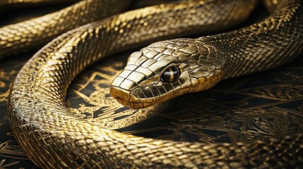 Fototapeta premium A Golden Snake, Intricately Detailed, Rests On A Dark, Ornate Surface. The Image Is Rich With Texture And Dramatic Lighting, Creating A Luxurious And Mysterious Atmosphere.