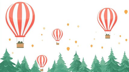 Colorful hot air balloons soaring over a lush green forest with scattered autumn leaves