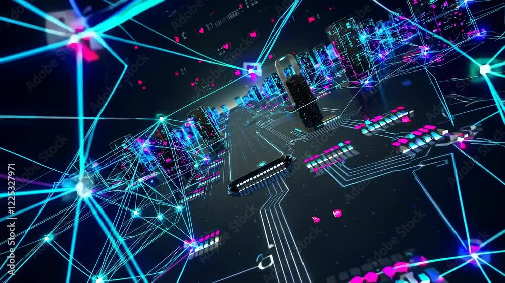 Aufkleber exploring a vibrant digital network of interconnected nodes and data streams in a modern virtual env