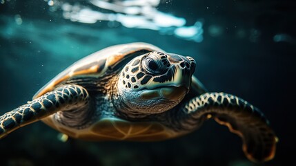 Fototapeta premium Green sea turtle gliding gracefully through clear waters in a vibrant coral reef at midday