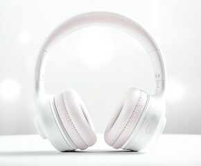 A sleek pair of white headphones rests against a soft background, emphasizing their modern design...