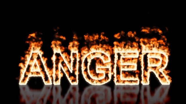 Burning text in fiery flames engulfing anger word, reflecting on glossy black surface, symbolizing intense emotional fury and passionate rage with dramatic visual metaphor