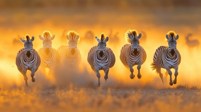 Zebras galloping across a dusty savannah at sunset in golden light showcasing their graceful movement and striking stripes