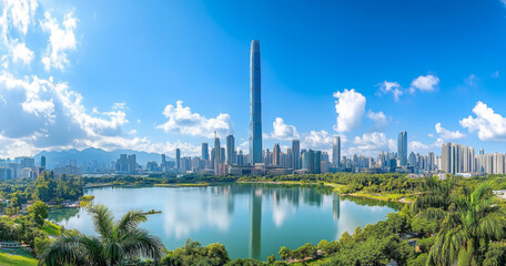 Naklejka premium A magnificent scene of a city surrounded by clouds and mist, as if in a fairyland. High-rise buildings peek out from the clouds, looking particularly spectacular.