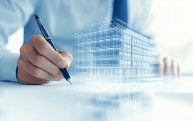 Business professional sketching a modern building design on a digital tablet in a bright office