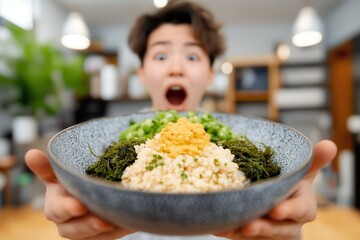 A food influencer focused on branding, marketing, and promotions. Excited person holding a bowl of colorful healthy food.
