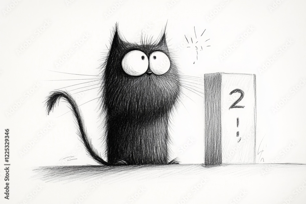 Poster A whimsical 2D drawing of a cat hesitating to jump off a counter, its paw extended mid-air and its face showing uncertainty, with a white background emphasizing its expression