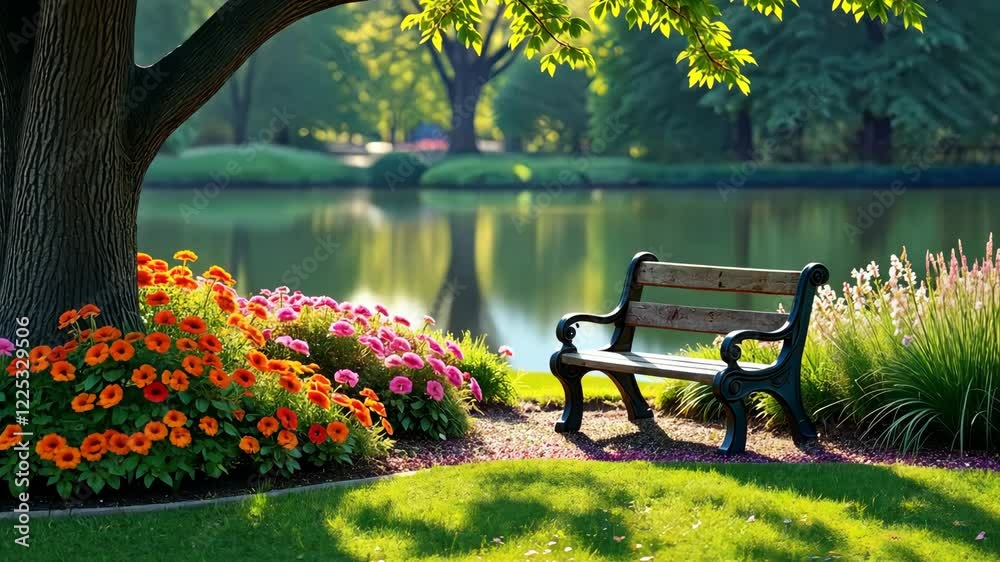 Poster a bench is in a park with a tree behind it. the bench is black and there are flowers in the backgrou