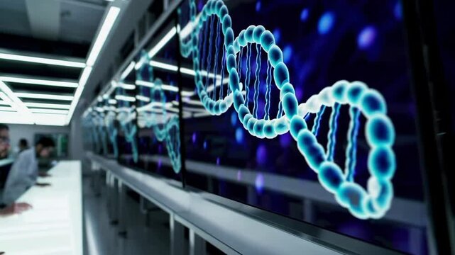 Researchers analyze DNA sequences in high-tech laboratory setting with advanced screens