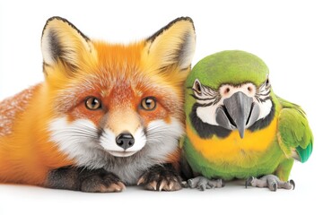Fototapeta premium A whimsical 2D illustration of two complementary animals, such as a red fox and a green parrot, standing side by side on a white background