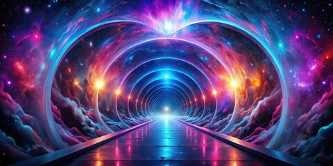 Obraz premium A Futuristic Pathway Through a Vibrant Nebula and Cosmic Rings Leading to a Bright Light