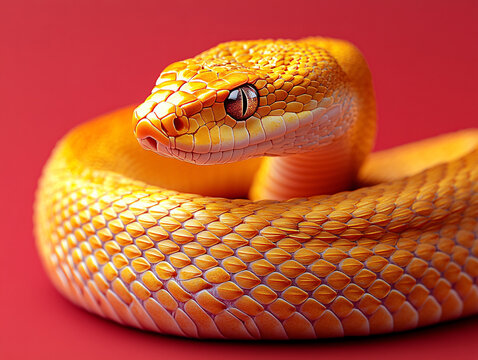 a yellow python coiled in a dark environment, with its glossy scales reflecting light and a striking red eye visible.