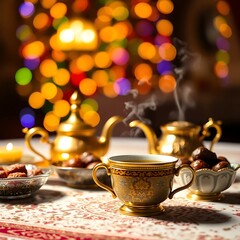 Obraz premium Illuminated lantern with dates and nuts on wooden table at dusk. Family gathering and eat together Family iftar meal in Ramadan Pictures of iftar food