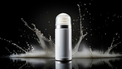 Deodorant in a white metal can on a black background with splashes at the back. Generated image
