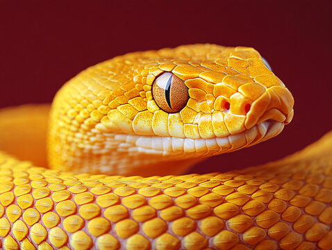 a yellow python coiled in a dark environment, with its glossy scales reflecting light and a striking red eye visible.