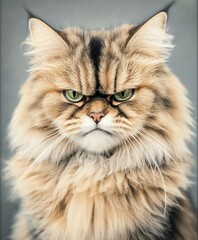 Fototapeta premium A close-up of a fluffy, serious-looking cat with striking green eyes and a distinct expression, showcasing its luxurious fur and unique facial features.
