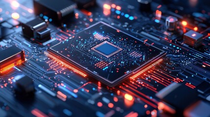 Fototapeta premium Futuristic Circuit Board with Glowing Microchips and Interconnected Components