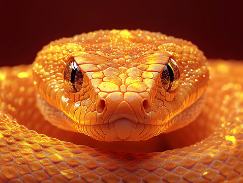 a yellow python coiled in a dark environment, with its glossy scales reflecting light and a striking red eye visible.