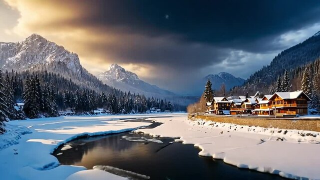 A high-angle winter shot showing a quiet village covered in snow, nestled at the foot of a majestic mountain. The frozen river is bordered by moss-covered stones and patches of evergreen trees