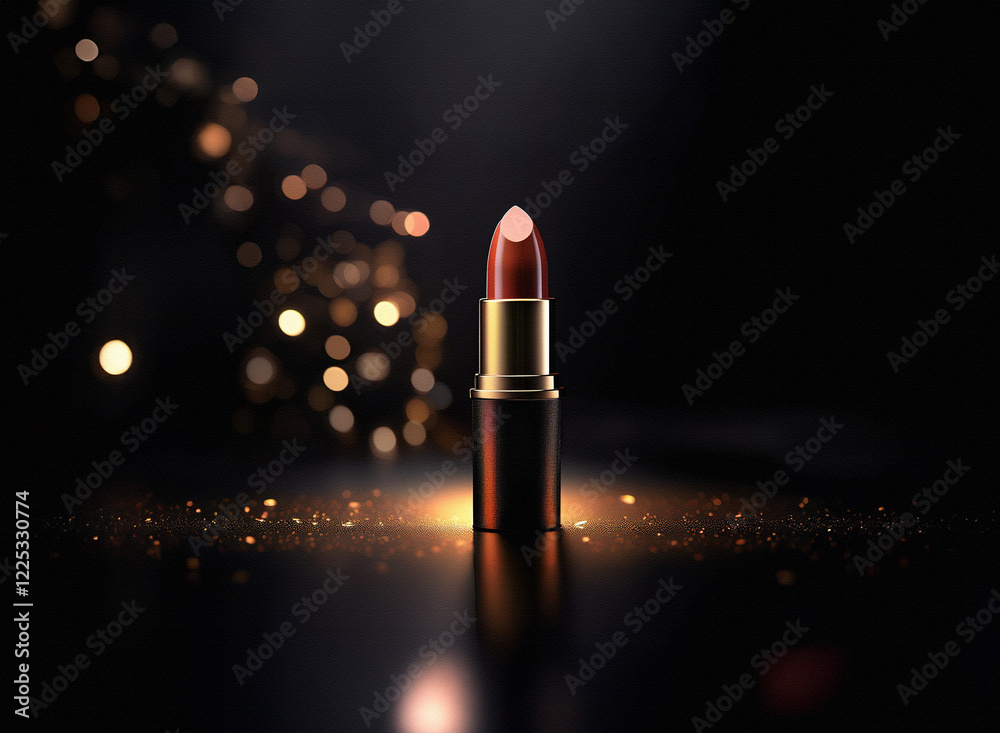 Poster a single lipstick stands on a dark, reflective surface, illuminated by a warm light and shimmering g