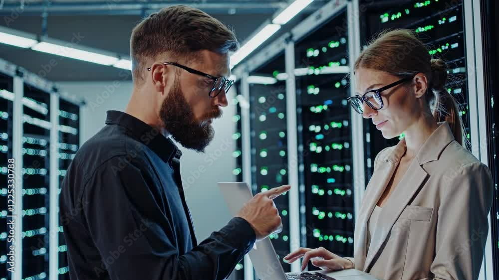 Poster collaborative tech work in a data center with professionals analyzing server performance and system 