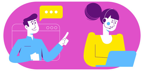 A cartoon illustration showing different people doing various activities like talking, video calling. Customer service, illustration in vibrant colores, magenta background.