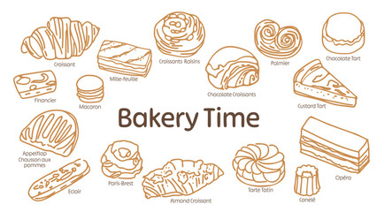 Doodles Hand drawn Line French Bakery Simple Shapes for Graphic Decorations