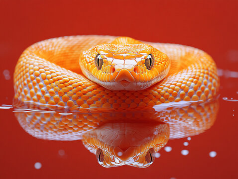 a yellow python coiled in a dark environment, with its glossy scales reflecting light and a striking red eye visible.