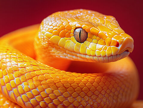 a yellow python coiled in a dark environment, with its glossy scales reflecting light and a striking red eye visible.