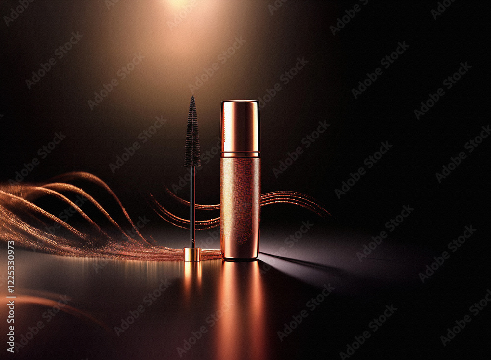 Poster luxurious rose gold mascara and applicator elegantly displayed against a dark background with flowin