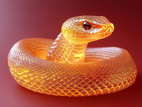 a yellow python coiled in a dark environment, with its glossy scales reflecting light and a striking red eye visible.