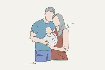Colored a family with a newborn baby concept one-line drawing 