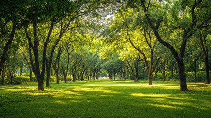 Obraz premium Tranquil aerial perspective showing a bright green garden surrounded by trees in sunlight.