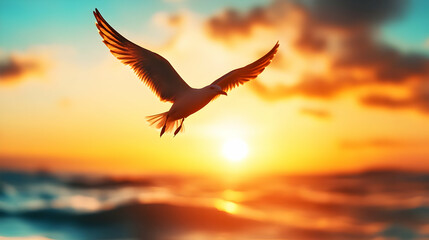 Fototapeta premium A bird gliding through the sky at sunset, creating a serene and tranquil atmosphere over the ocean waves.