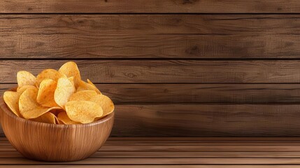 Bowl of cheesy chips, onions on wooden tray, 3D illustration