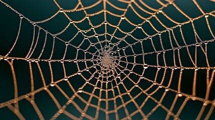 Obraz premium Intricate Spider Web with Dew Drops on Dark Green Background