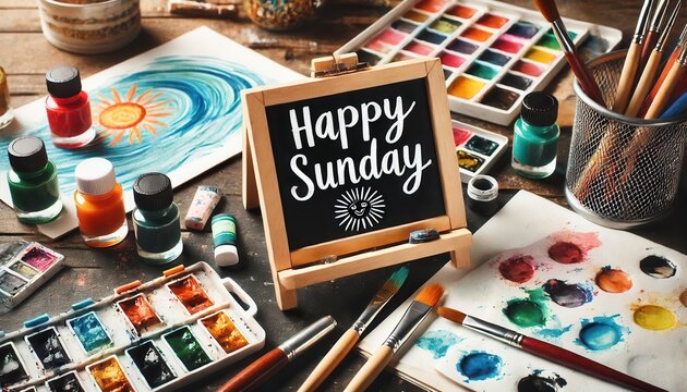 Creative "Happy Sunday" Art Workspace with Watercolors and Brushes