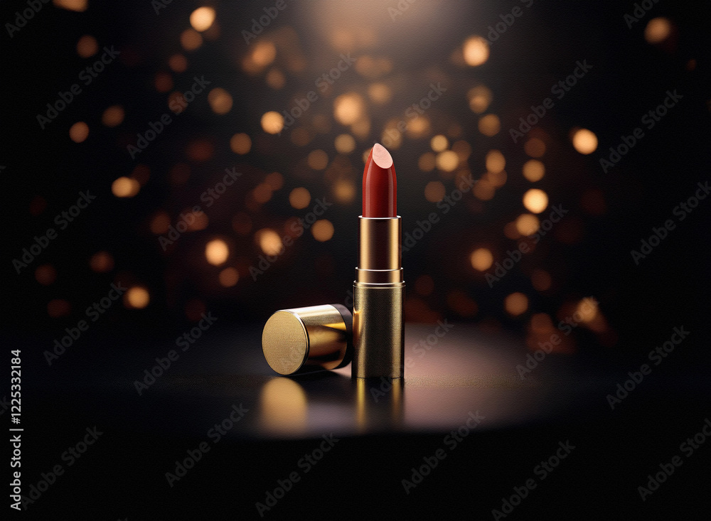 Poster a luxurious red lipstick with a gold casing sits on a dark, reflective surface, illuminated by spark