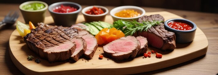 Cut steak served with a selection of artisanal condiments and garnishes on a modern wooden plate, restaurant decor, gourmet meal, high end food