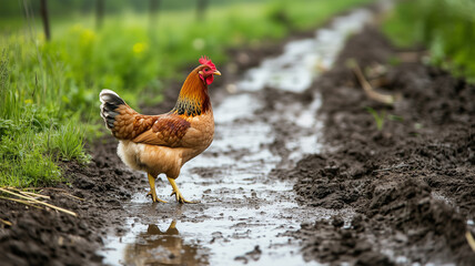 Fototapeta premium 緑と泥道の中を歩く鶏の自然な姿