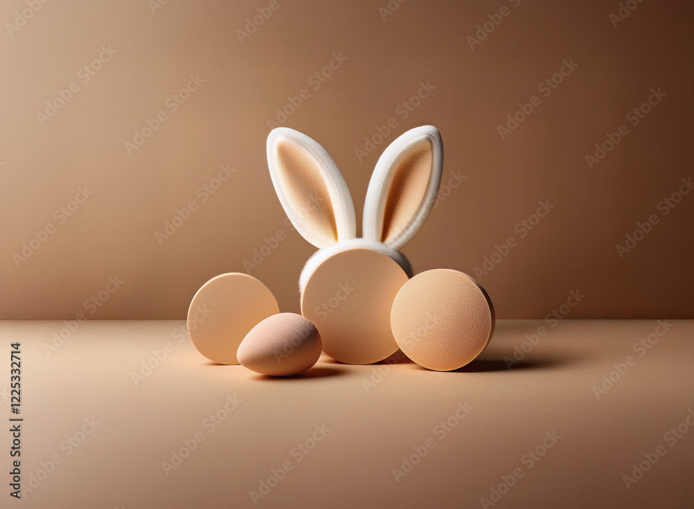 Leinwandbilder A minimalist Easter scene: a stylized bunny with large ears sits beside two pastel eggs on a neutral background.  The forms are simple and geometric, creating a modern feel.