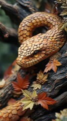 Fototapeta premium A Stunning Close-Up Of A Meticulously Crafted Snake Sculpture, Nestled Amongst Autumn Leaves On A Tree Trunk. The Intricate Detail And Warm Color Palette Create A Captivating Scene.