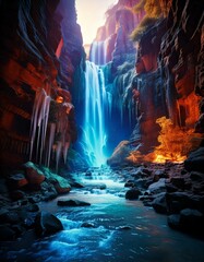 Fototapeta premium glowing canyon with waterfalls made of light.- 