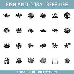 Ocean Life Editable Silhouette Set of Fish and Coral Reef