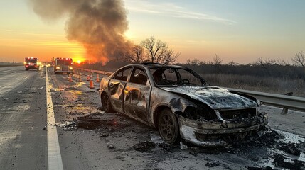 Charred remains of a vehicle sit on the roadside, surrounded by traffic cones as firefighters tackle an intense blaze that emits thick smoke against a vibrant sunset backdrop