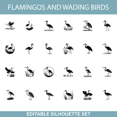 Flamingo and Wading Bird Silhouettes Editable Vector Set Icons