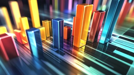 Colorful 3D bar chart, data growth, tech background, financial success visualization