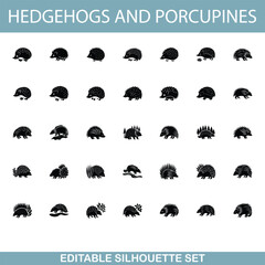 Hedgehog and Porcupine Silhouettes Editable Vector Illustrations Set