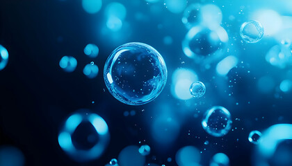 A captivating close-up of air bubbles drifting in clear blue water, creating a serene underwater atmosphere.