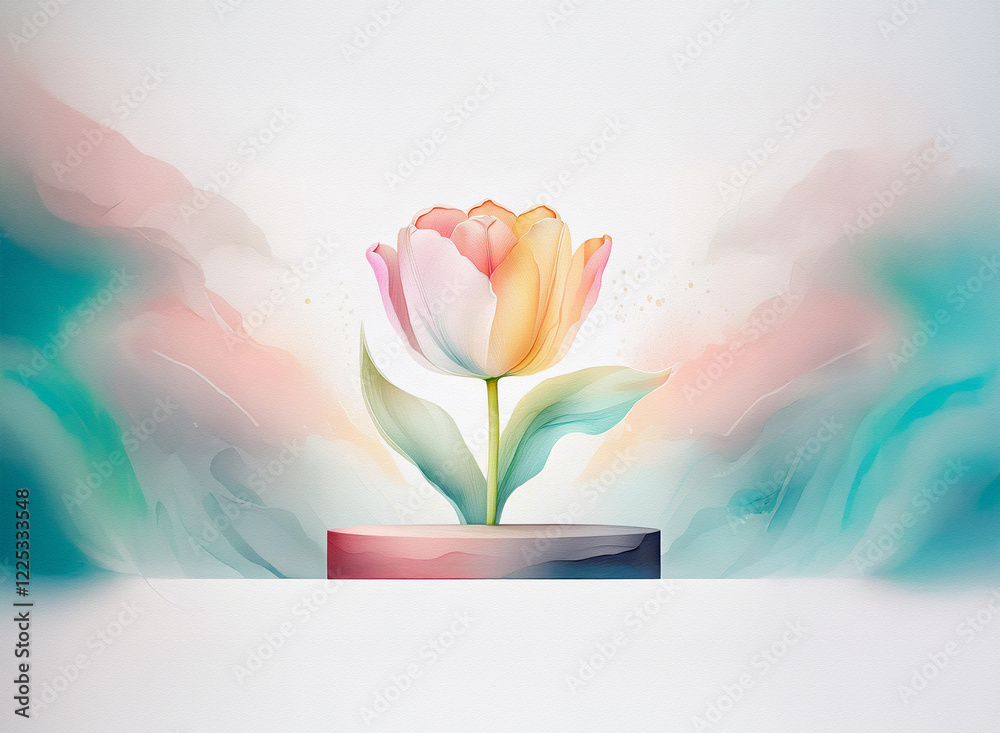 Poster a single tulip, pastel peach and yellow, blooms on a dark pedestal against a soft, abstract backgrou